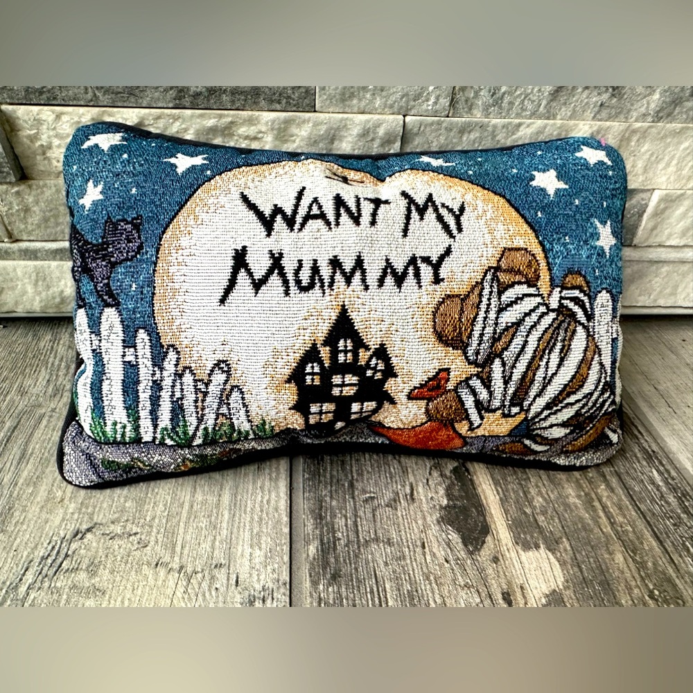 Vintage Halloween Fall Tapestry Accent  Small  Decor Pillow Cat  Mummy 12”-7”